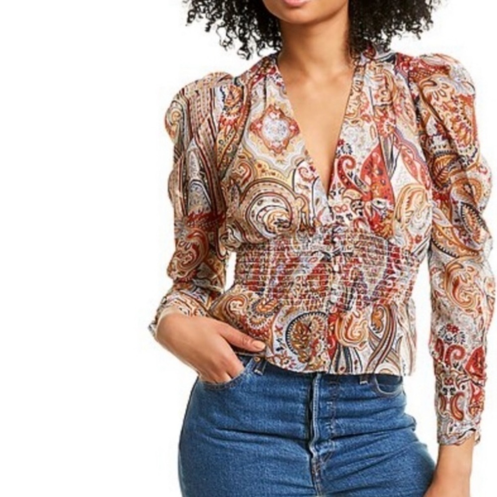 LINI Blue Multi Paisley V-Neck Long-Sleeve Blouse Size Extra Small
